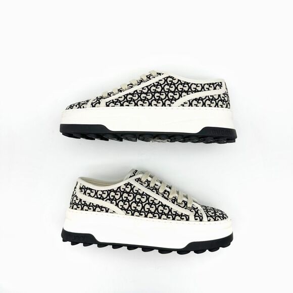 GUCCI Black White GG Jacquard Canvas 1977 Platform Sneakers Size 37 Low Top - Picture 8 of 13